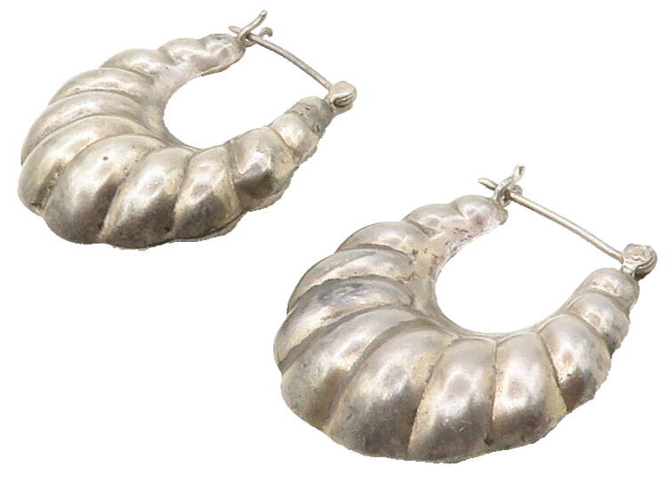 925 Sterling Silver  Vintage Dark Tone Hollow Fluted Hoop Earrings  EG6747