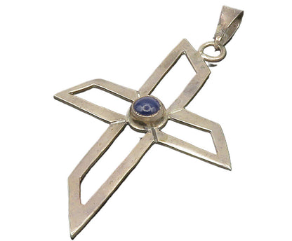 925 Sterling Silver  Vintage Blue Stone Open Religious Cross Pendant  PT10833