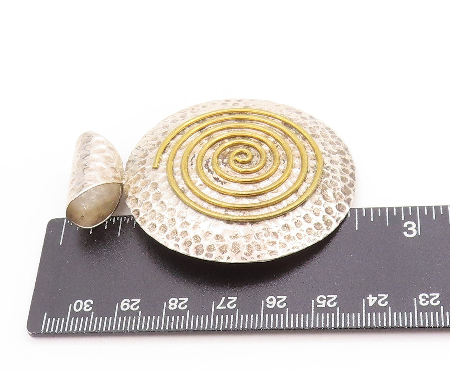 925 Sterling Silver Vintage Pendant Two Tone Hammered Modernist Spiral  PT25097
