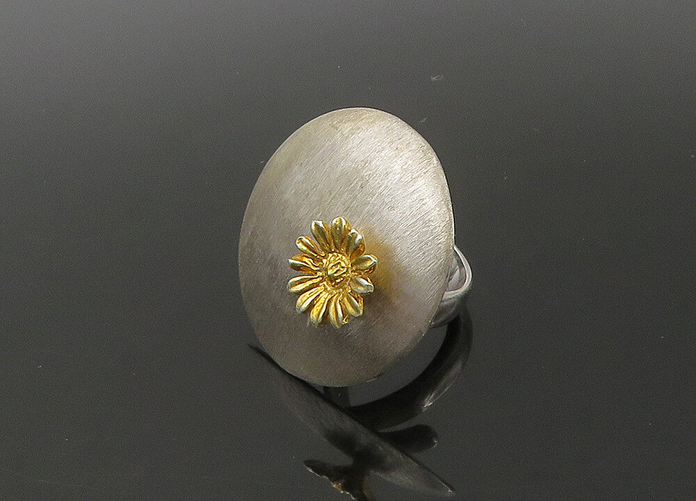 925 Sterling Silver  Vintage Two Tone Sunflower Motif Band Ring Sz 8  RG22572
