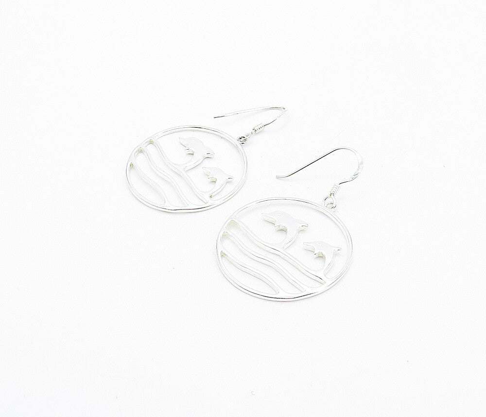 925 Sterling Silver  Shiny Leaping Dolphins Scene Dangle Earrings  EG3092