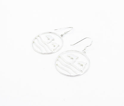 925 Sterling Silver  Shiny Leaping Dolphins Scene Dangle Earrings  EG3092