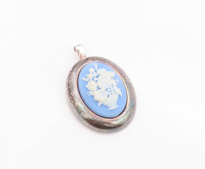 925 Sterling Silver Vintage Brooch Pin Blue Flower Vase Cameo  BP11594
