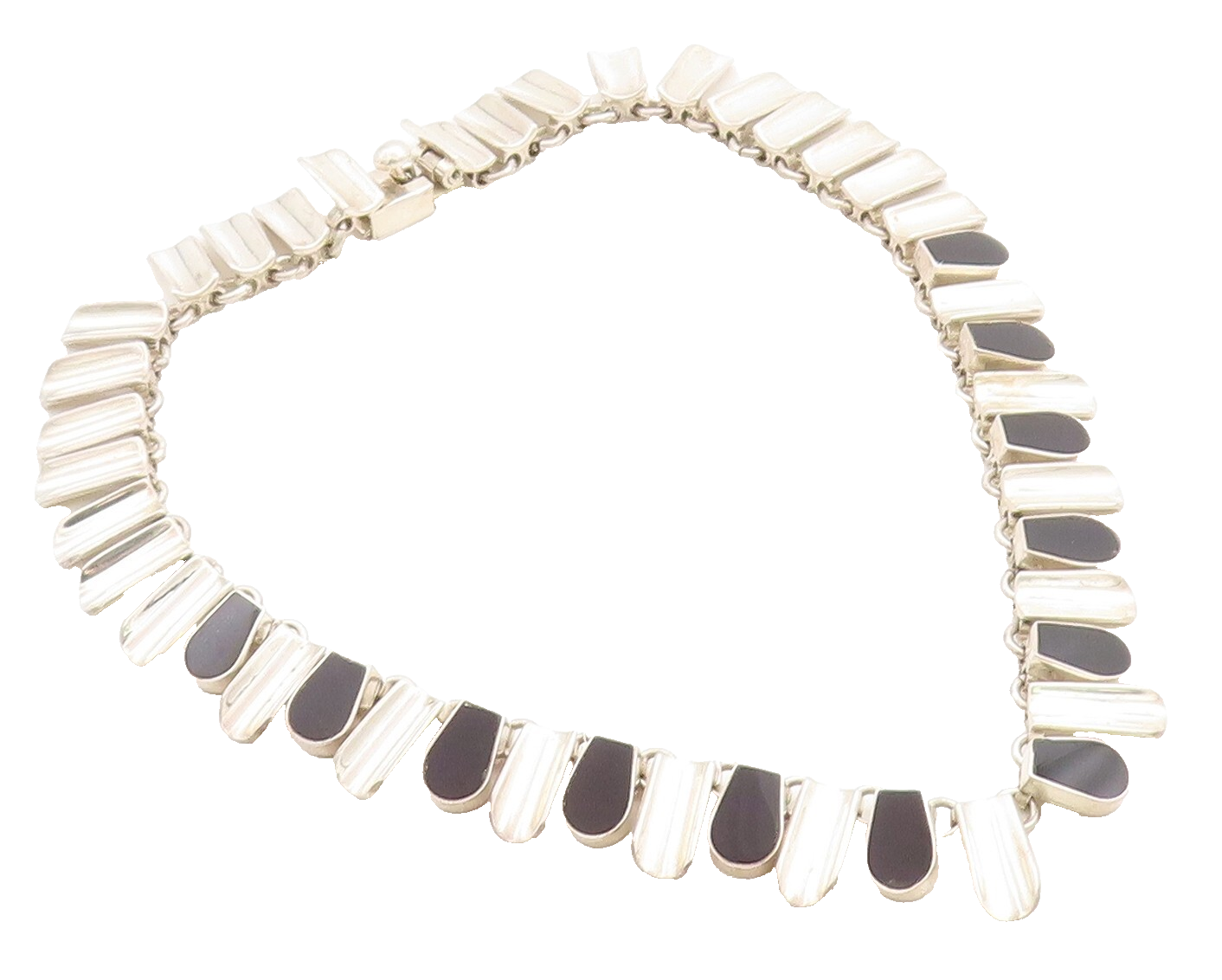 MEXICO 925 Sterling Silver  Vintage Inlaid Black Stone Chain Necklace  NE1098