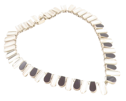 MEXICO 925 Sterling Silver  Vintage Inlaid Black Stone Chain Necklace  NE1098