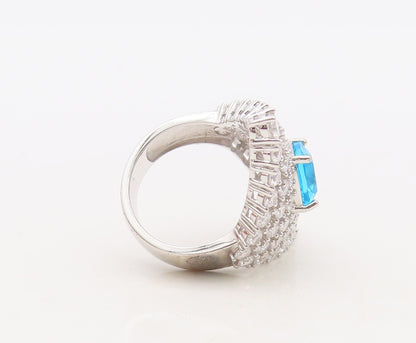 925 Sterling Silver Vintage Ring Designer Large Blue & White CZ  Sz 7 RG30505