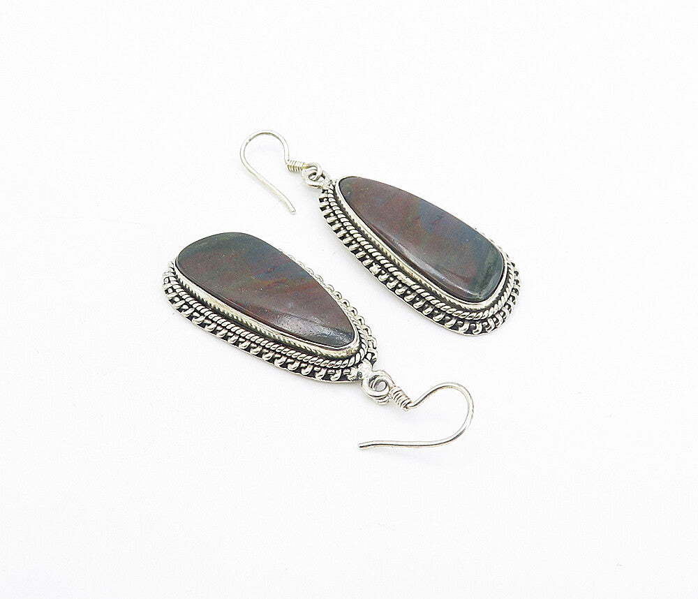 925 Sterling Silver  Vintage Jasper Shiny Twist Border Dangle Earrings  EG3560