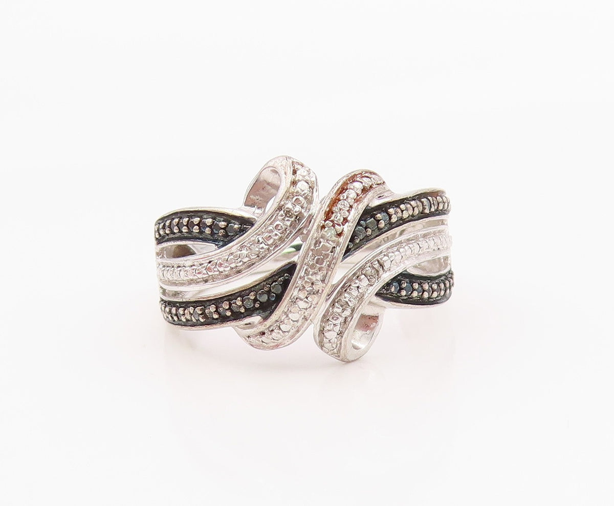925 Sterling Silver Vintage Ring White & Black CZ Intertwined Band Sz 7 RG36351