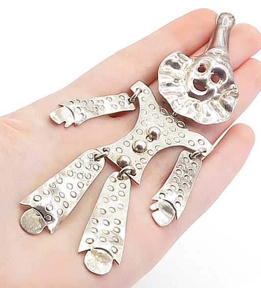MEXICO 925 Sterling Silver  Vintage Dancing Clown Brooch Pin (MOVES)  BP2624
