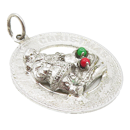 M&M 925 Sterling Silver  Vintage Coral & Topaz Merry Christmas Pendant  PT7010