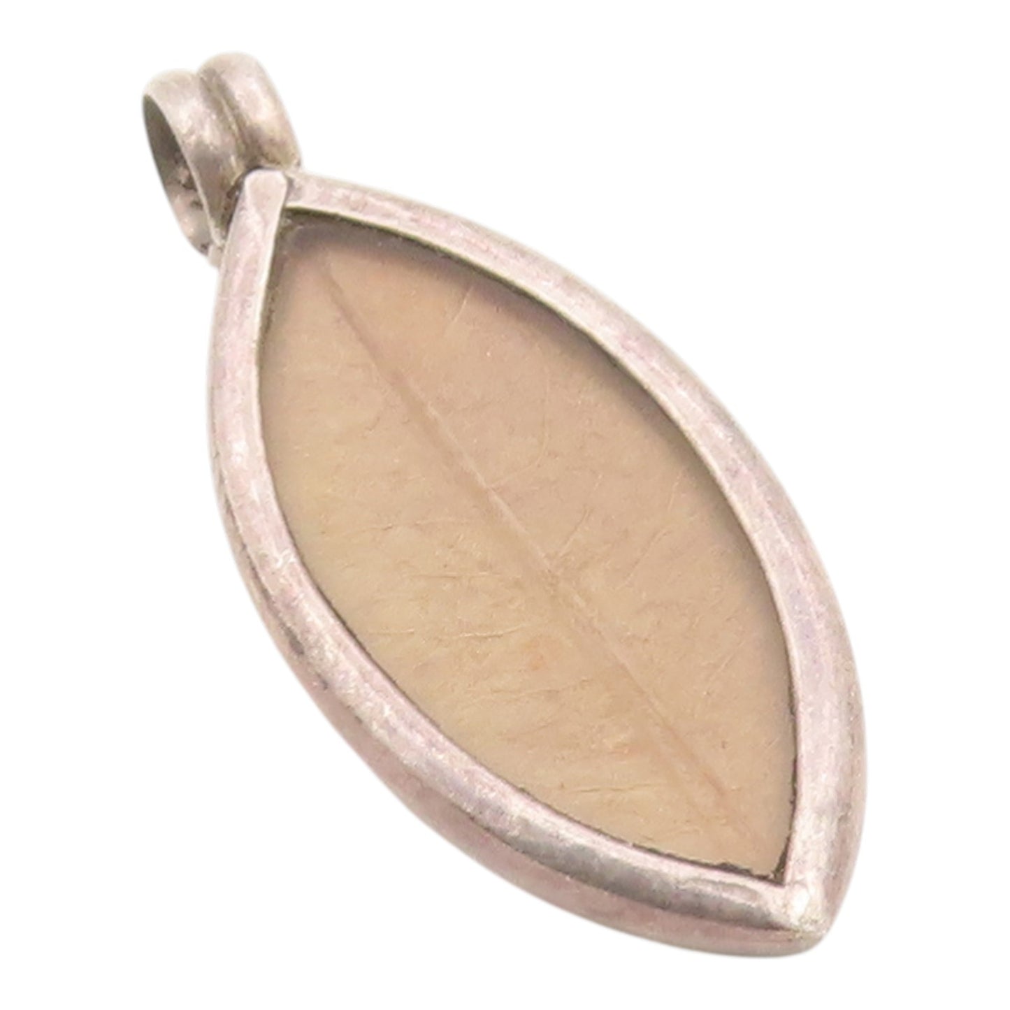 925 Sterling Silver Vintage Pendant Marquise Shape Dried Leaf Inlay Drop PT26257