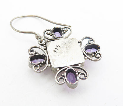 925 Sterling Silver Vintage Mother Of Pearl & Amethyst Drop Earrings EG3650