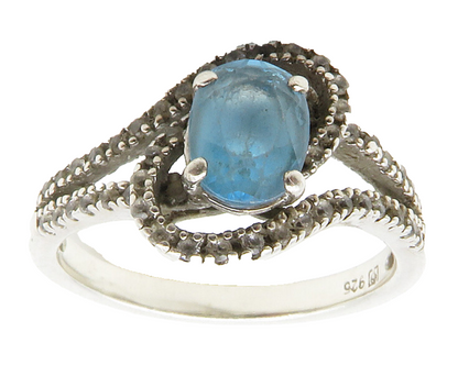 925 Silver  Vintage Genuine Diamonds & Blue Topaz Swirl Band Ring Sz 7 RG13375