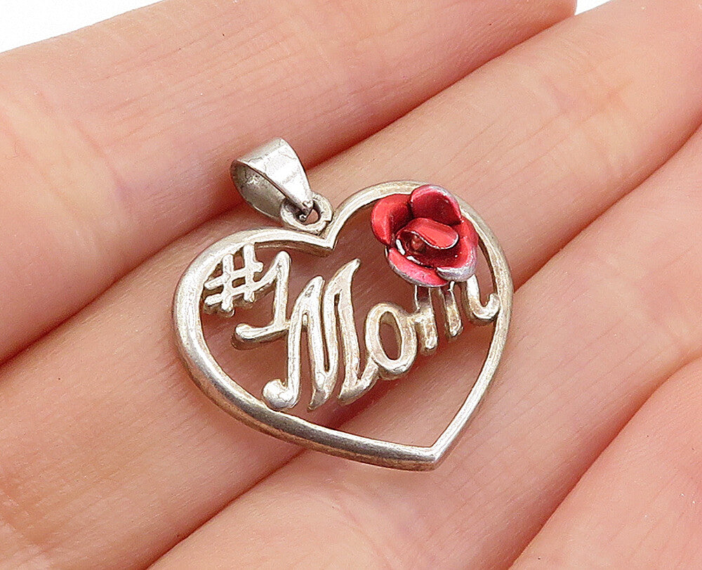 925 Sterling Silver  Vintage Rose Flower Mom Love Heart Drop Pendant  PT3406