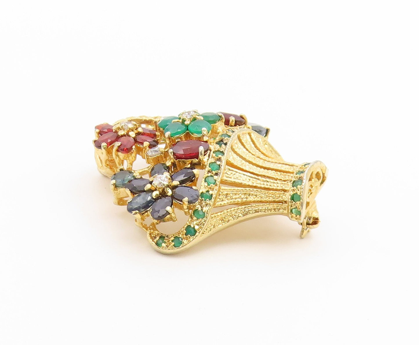 925 Sterling Silver Vintage Brooch Pin Gold Plated Gemstone Bouquet  BP12654