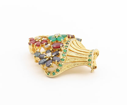 925 Sterling Silver Vintage Brooch Pin Gold Plated Gemstone Bouquet  BP12654
