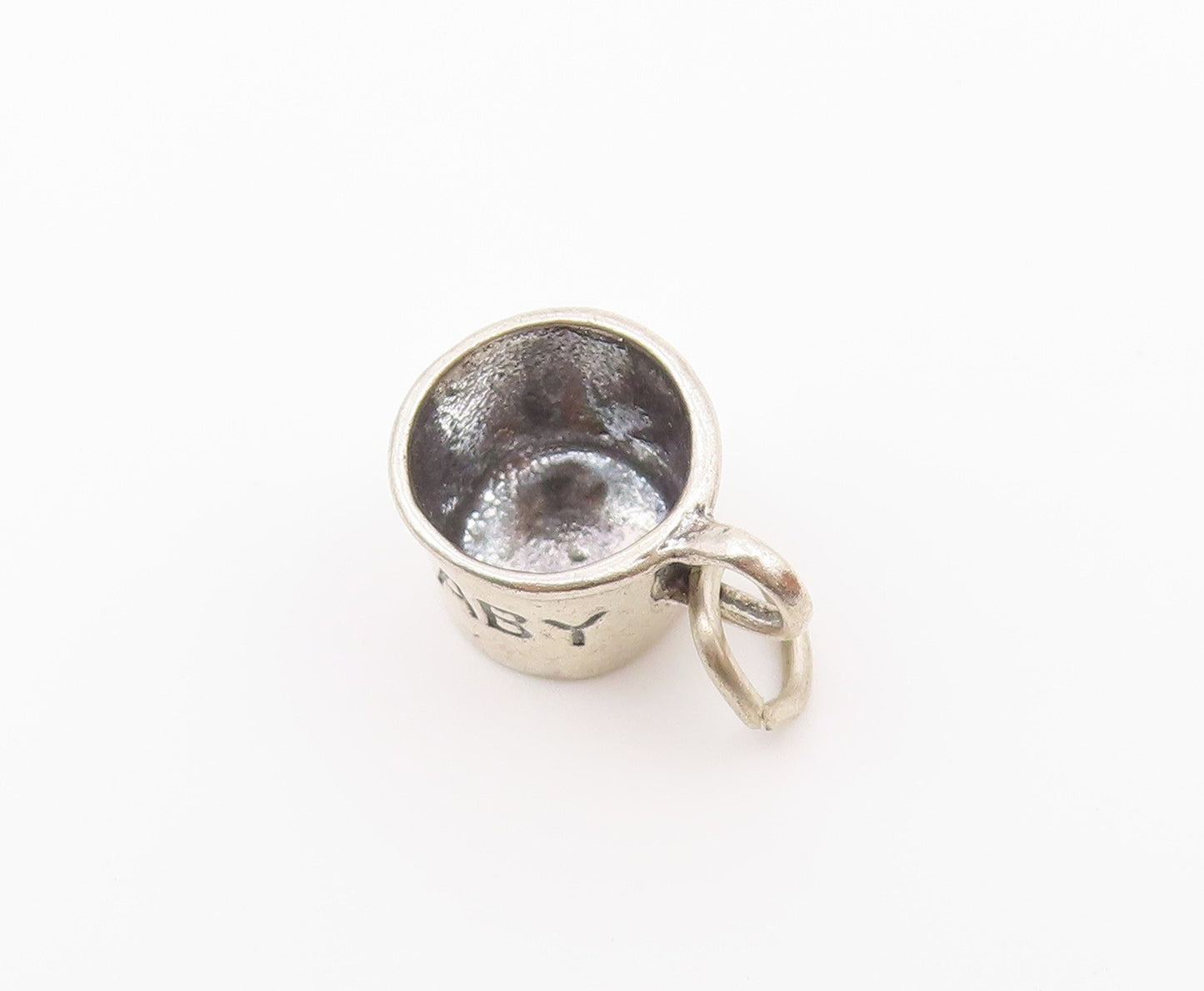 925 Sterling Silver  Vintage Petite Baby Etched Mug Cup Drop Pendant  PT8566