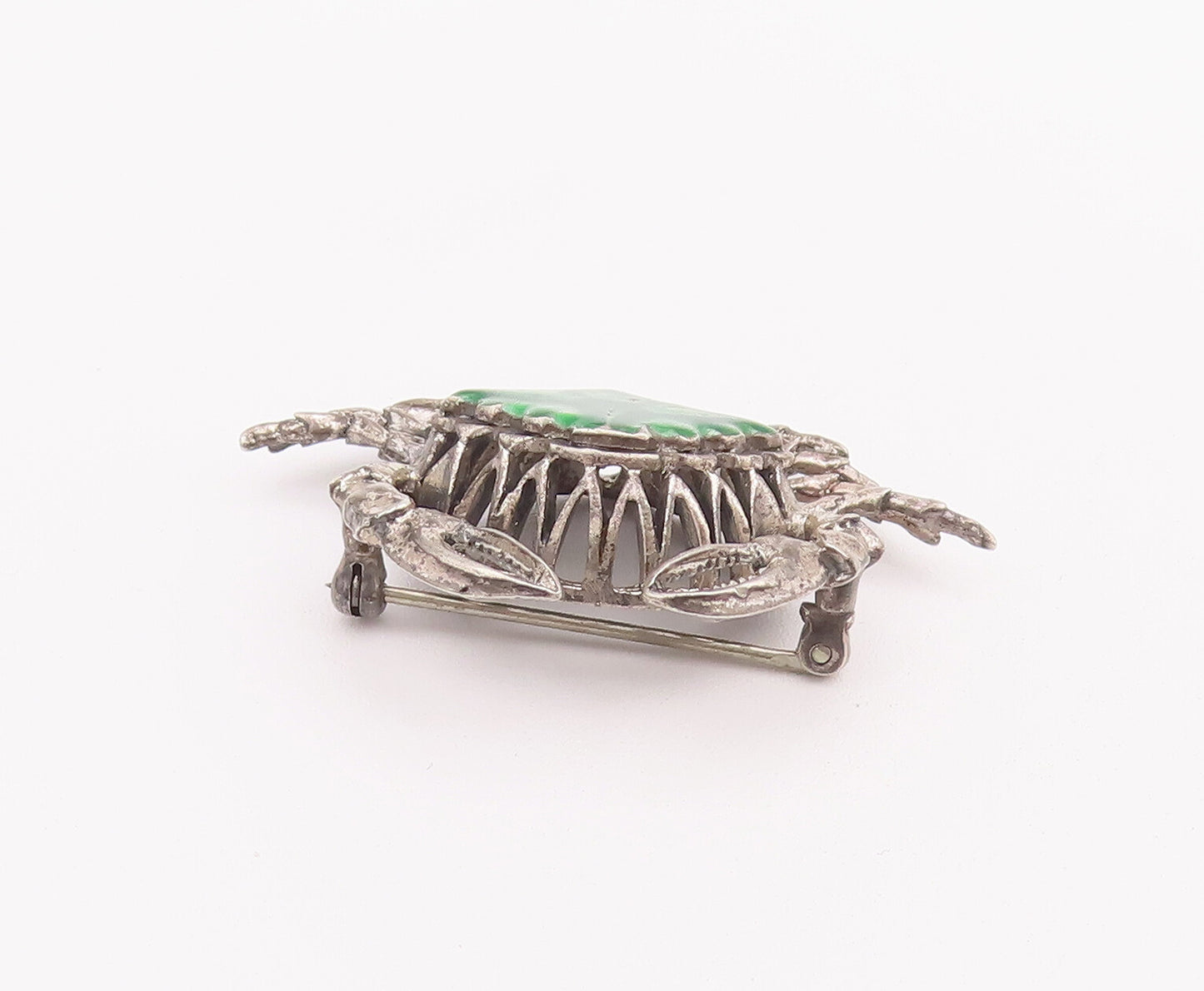 925 Sterling Silver Vintage Brooch Pin Solid Carved Green Enameled Crab  BP10781