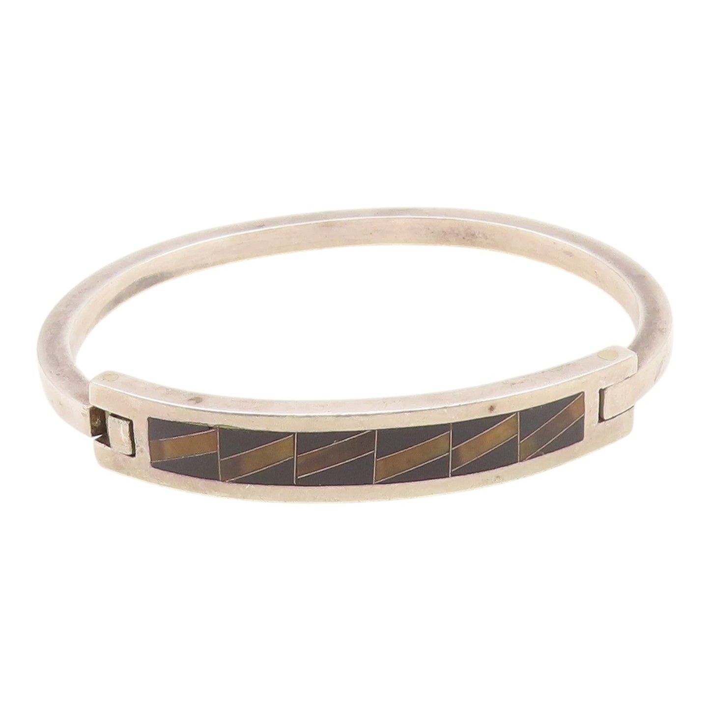 CECILIA TONO 925 Silver  Vintage Inlaid Onyx & Tiger's Eye Bracelet  BT9531