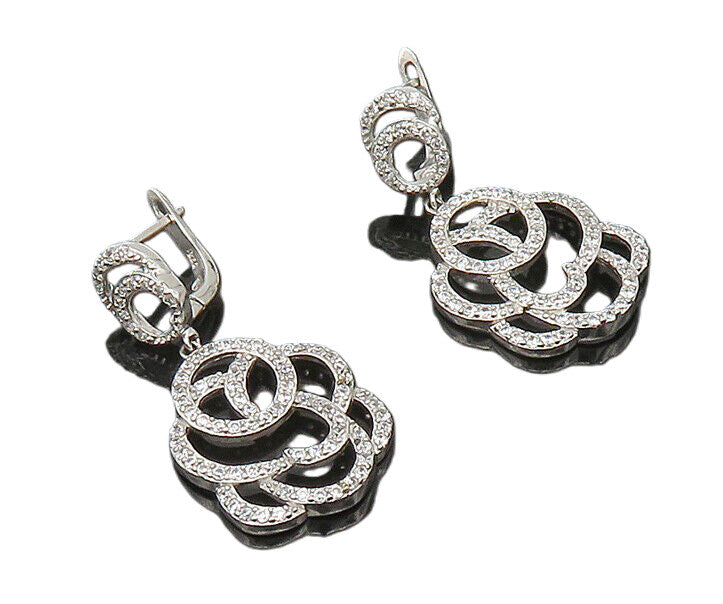 925 Sterling Silver  Shiny Cubic Zirconia Open Design Dangle Earrings  EG9036