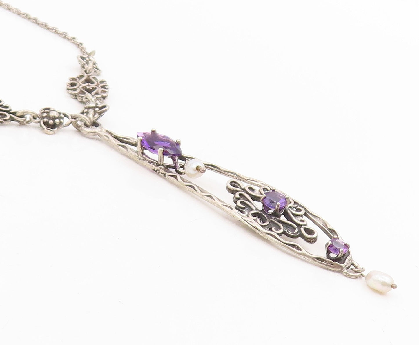 925 Sterling Silver Vintage Necklace Purple Amethyst & Pearl Floral Drop  NE4756