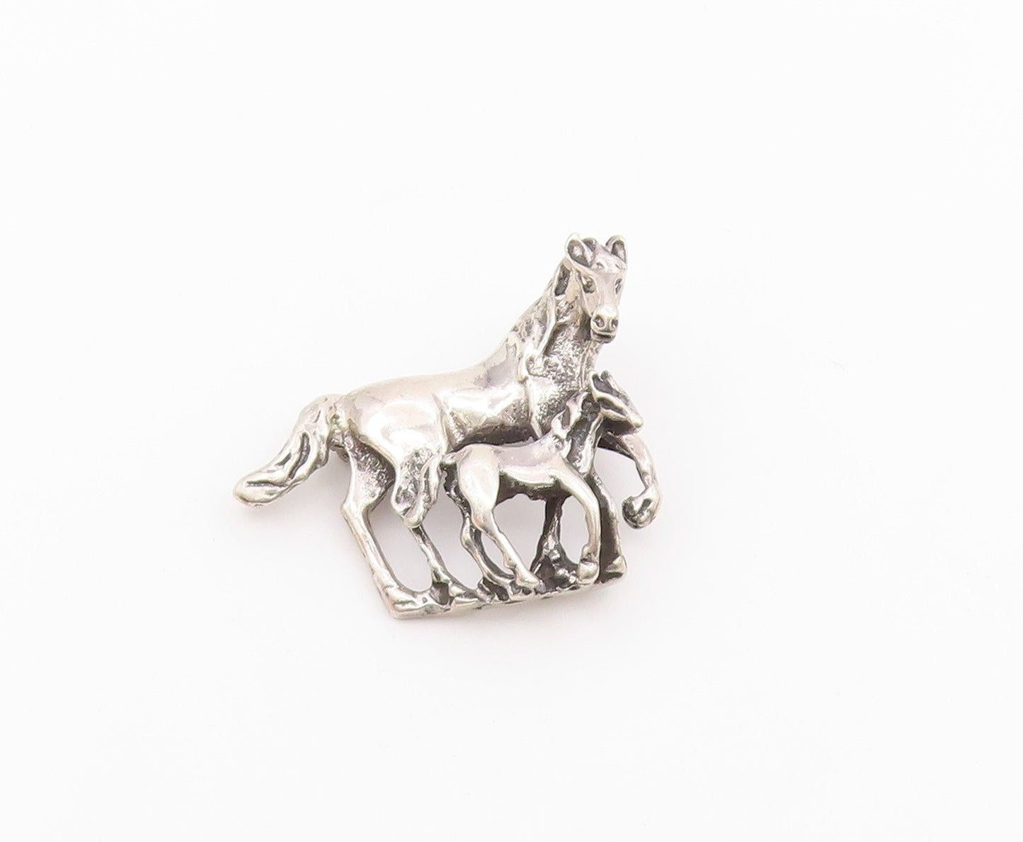 925 Sterling Silver Vintage Carved Horse Mom With Baby Horse Brooch Pin BP9832
