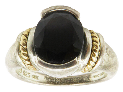 925 Sterling Silver & 14K GOLD  Vintage Black Hematite Band Ring Sz 7  RG14727