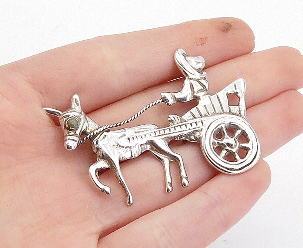 MEXICO 925 Sterling Silver Vintage Jasper Donkey Carriage Brooch Pin BP1322