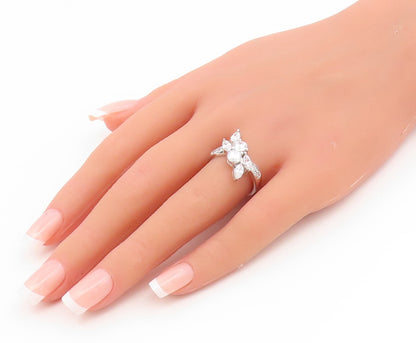 925 Sterling Silver Vintage Ring CZ Elegant Floral Statement Band Sz 7.5 RG35225