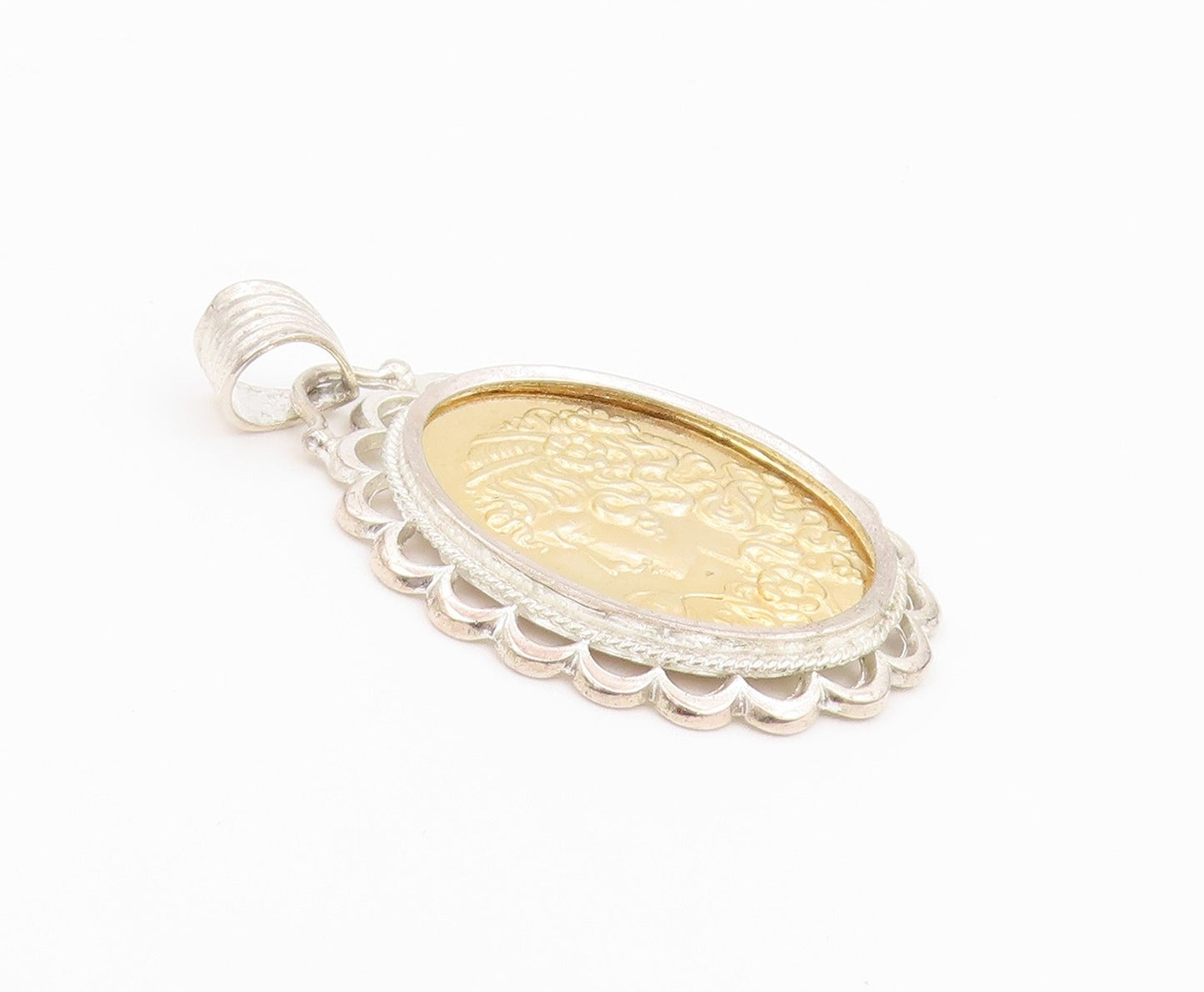 925 Sterling Silver Vintage Pendant Two Tone Scalloped Lady Cameo Charm  PT26445