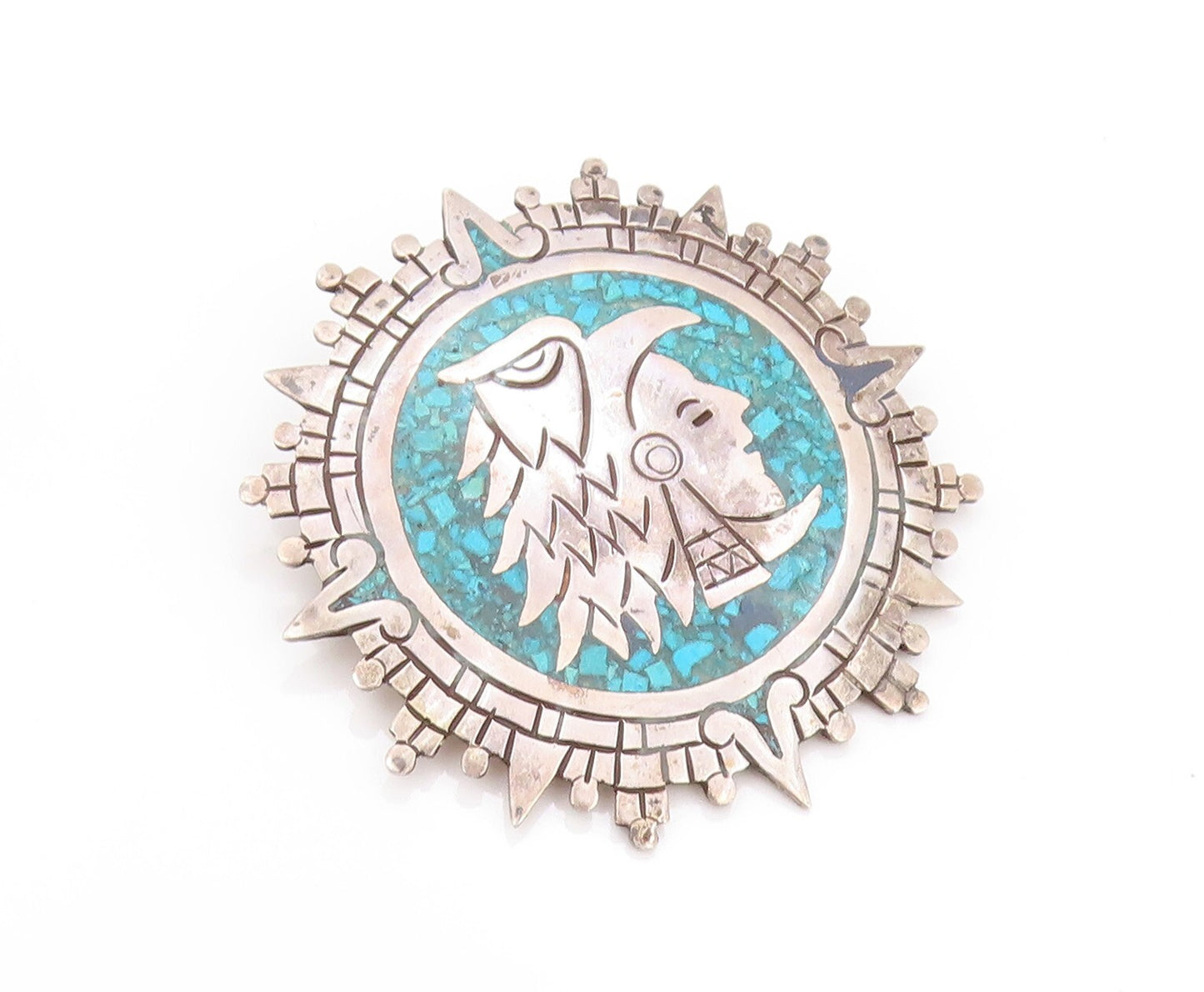 925 Sterling Silver Vintage Brooch MEXICO Crushed Turquoise Man Face  BP11540