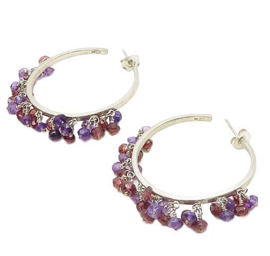 925 Sterling Silver   Vintage Amethyst & Topaz Beaded Hoop Earrings  EG8939