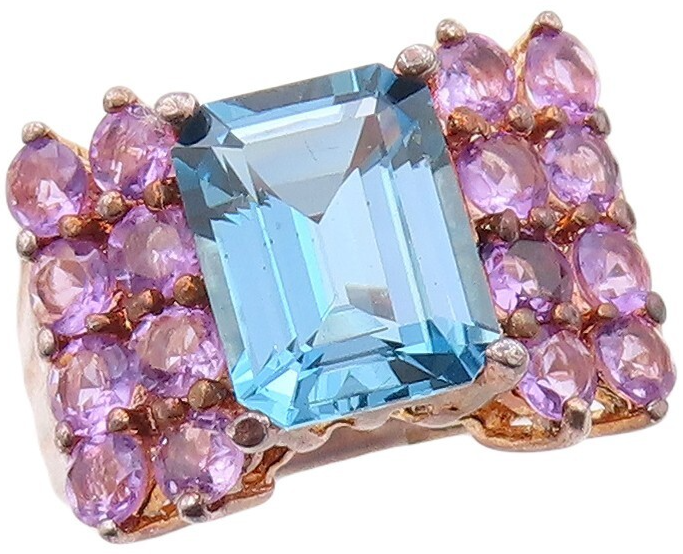 925 Sterling Silver Vintage Ring Rose Gold Plated Amethyst & Topaz  Sz 8 RG30865