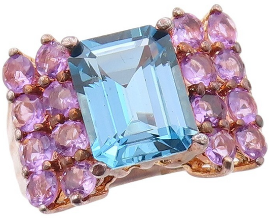 925 Sterling Silver Vintage Ring Rose Gold Plated Amethyst & Topaz  Sz 8 RG30865