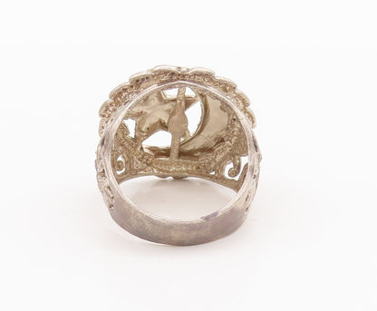 925 Sterling Silver Vintage Ring Swirly Carved Half Moon & Star Sz 11.5 RG28508