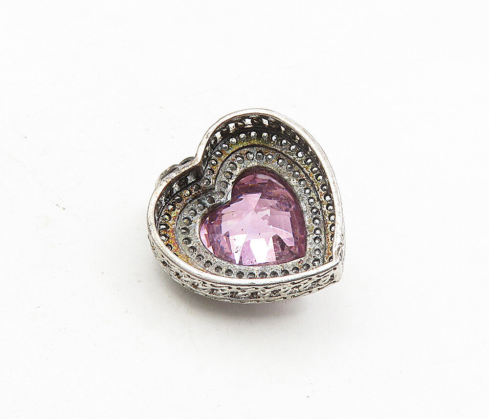 925 Sterling Silver  Vintage Pink & White Cubic Zirconia Heart Pendant  PT6614