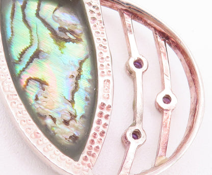 925 Sterling Silver Vintage Pendant Designer Abalone & Round Amethyst  PT22811