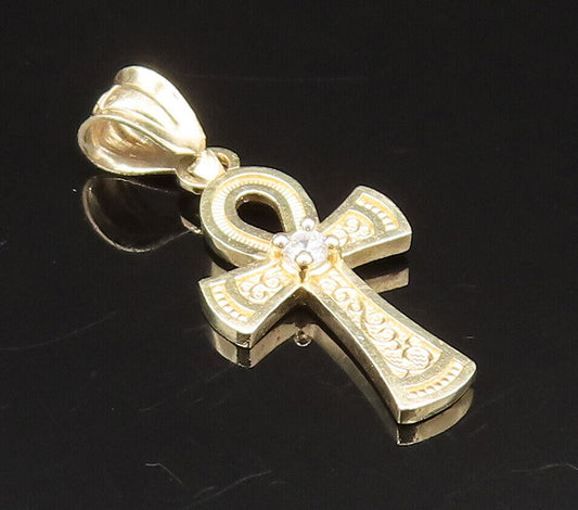 10K GOLD  Vintage Cubic Zirconia Etched Egyptian Ankh Charm Pendant  GP448