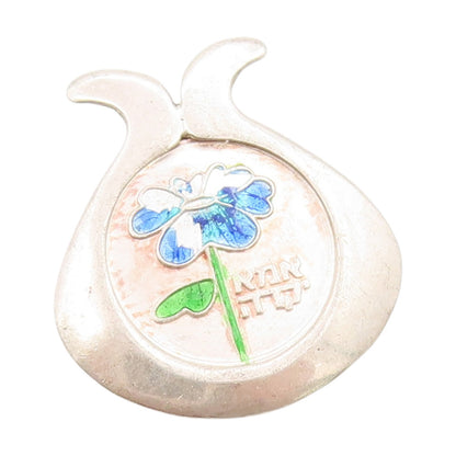925 Sterling Silver Vintage Pendant Enameled Floral Dear Mom Coin Charm  PT25131