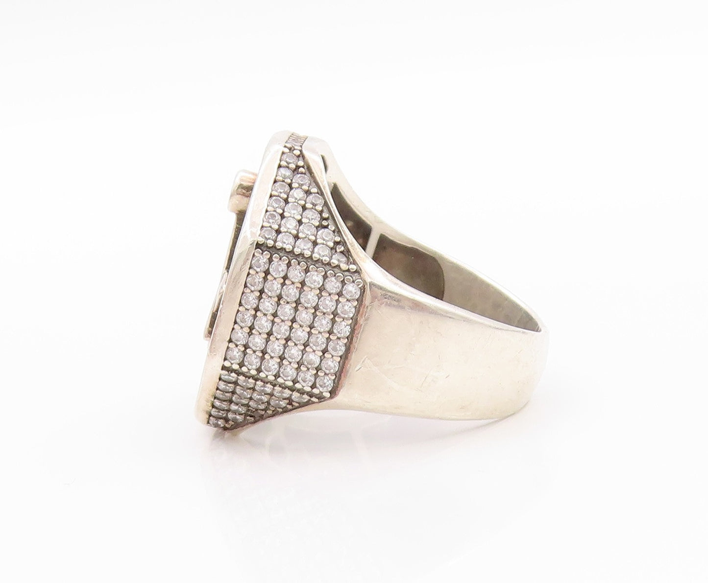 925 Sterling Silver Vintage Ring CZ Inlay Freemason Symbol  Sz 11  RG32648