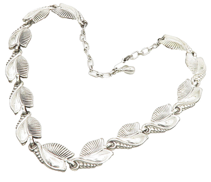 DANECRAFT 925 Silver   Vintage Shiny Floral Leaf Motif Chain Necklace  NE3291