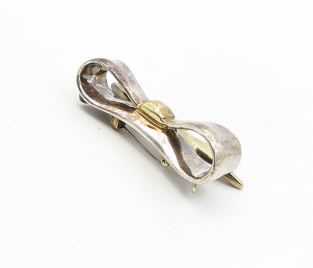 925 Sterling Silver  Vintage Two Tone Bow Tied Ribbon Brooch Pin  BP3217