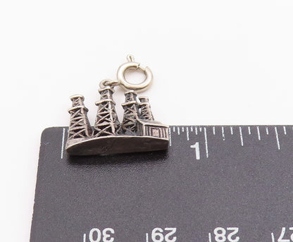 925 Sterling Silver Vintage Pendant Etched Miniature Oil Boom Town Charm PT24814
