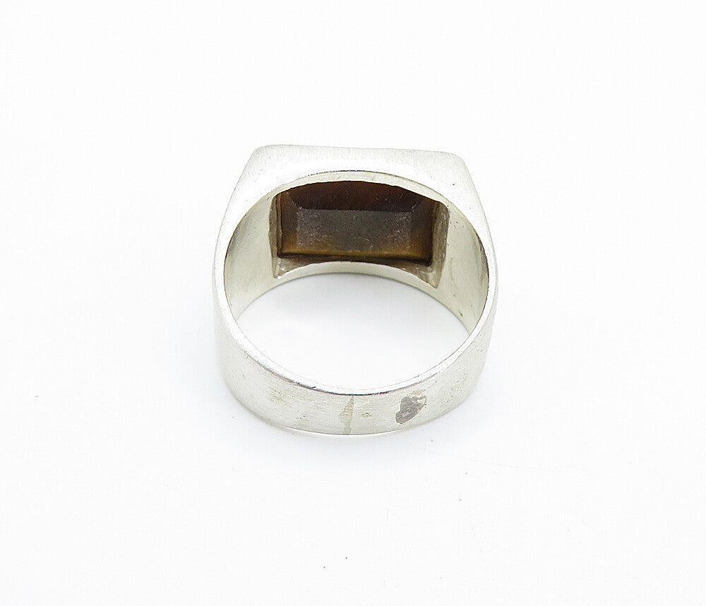 925 Sterling Silver Vintage Tiger's Eye Matte Square Band Ring Sz 8 RG7962