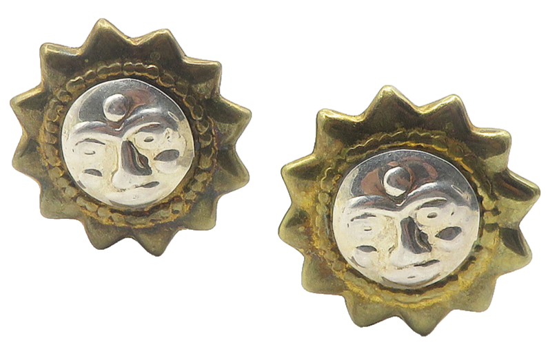 MEXICO 925 Sterling Silver  Vintage 2 Tone Sun Face Non Pierce Earrings EG6037