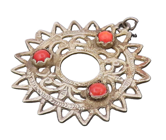 925 Silver  Vintage Antique Red Coral Filigree Swirly Sunburst Pendant PT22209