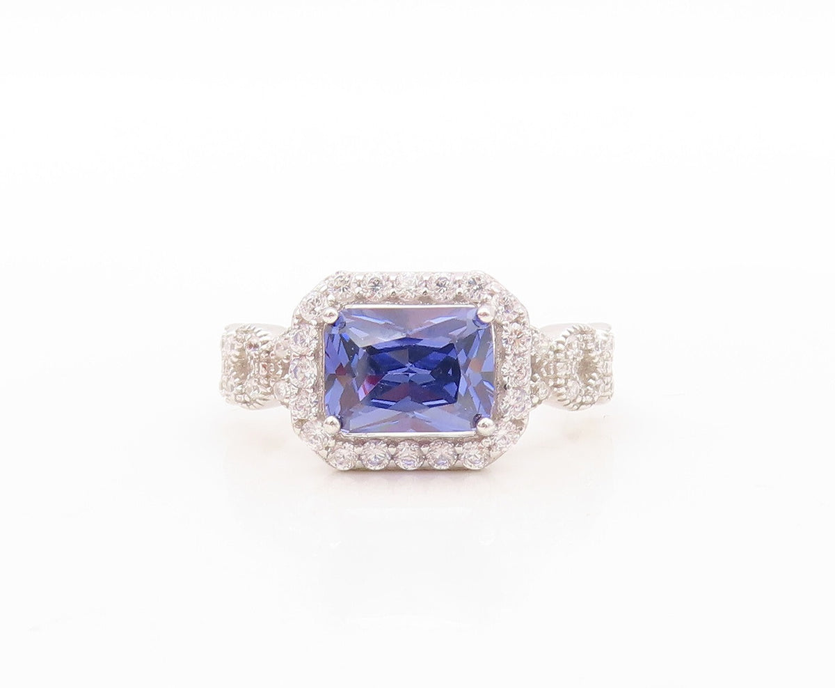 925 Sterling Silver Vintage Ring Designer CZ & Rectangle Sapphire  Sz 7  RG30687