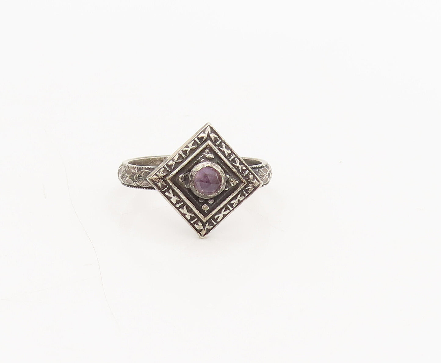 925 Silver Vintage Purple Topaz Etched Square Delicate Ring Sz 6.75 RG26811
