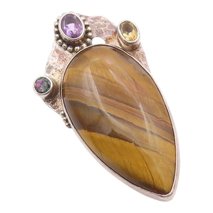 925 Silver  Vintage Tiger's Eye Topaz Citrine & Amethyst Pendant  PT14770