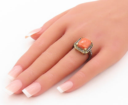 925 Sterling Silver Vintage Ring Square Orange Gemstone & Diamonds Sz 7  RG30180